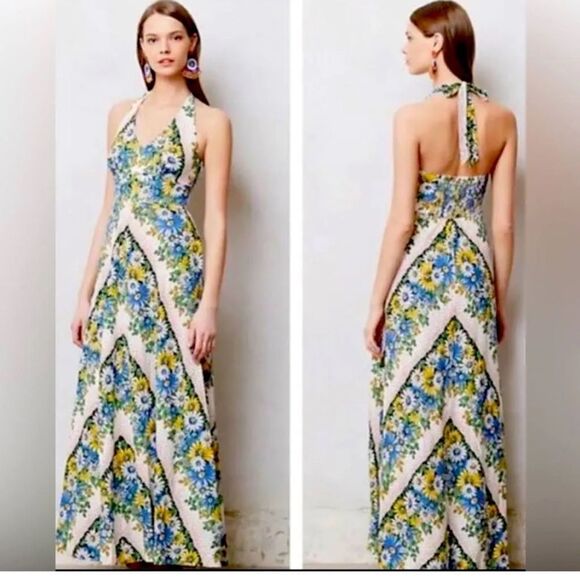Anthropologie Dress Sonaya Daisys Floral Halter Maxi Linen Size 0 - Picture 1 of 13